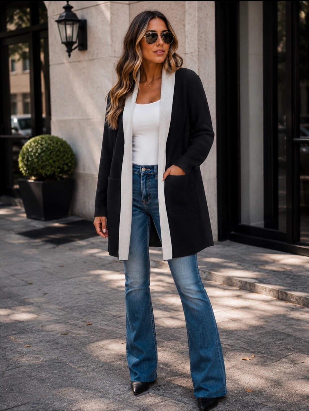 IMAN Cotton Blend Black Cardigan with White Interior